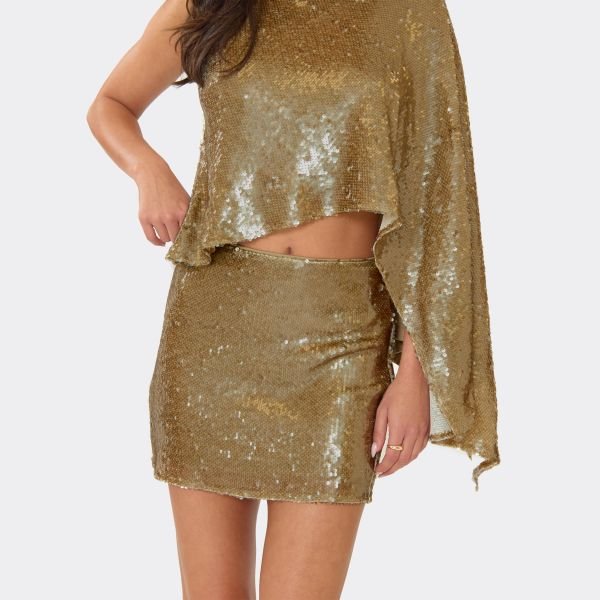 EGO Low Waist Fitted Mini Skirt In Gold Sequin, Women's Size UK 6 - 2