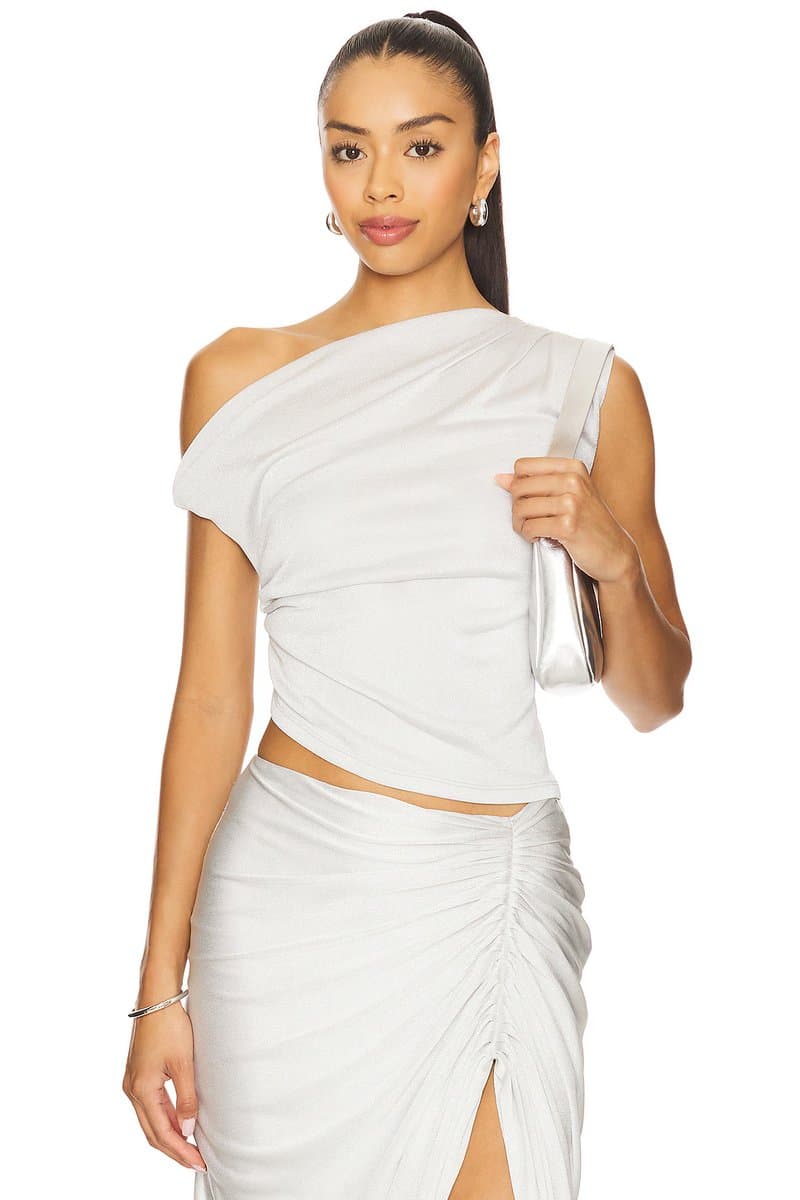 revolve Revolve Elegant Off-Shoulder Satin Crop Top in Silver Shimmer