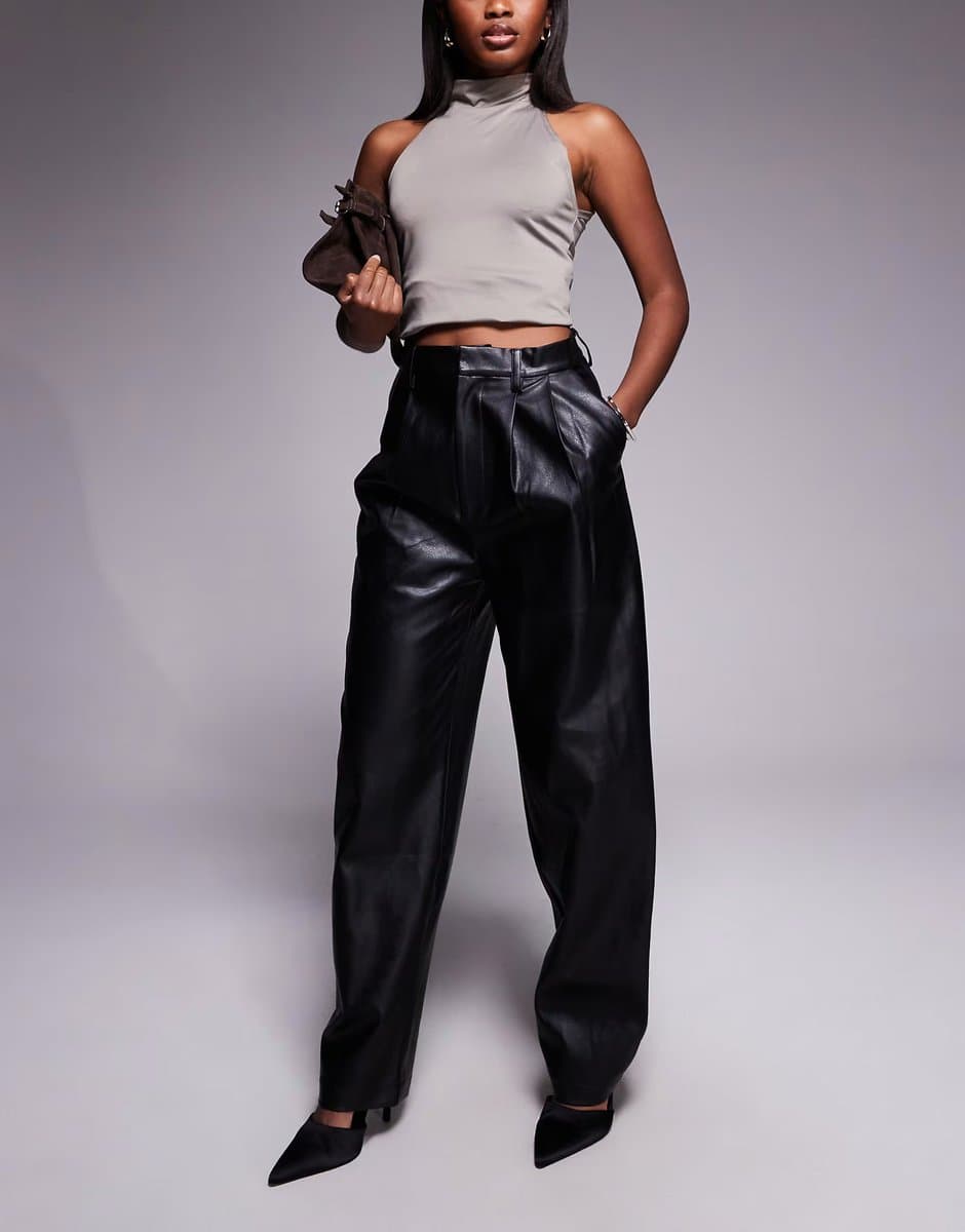 ASOS Bardot leather look high waisted tapered leg trousers in black