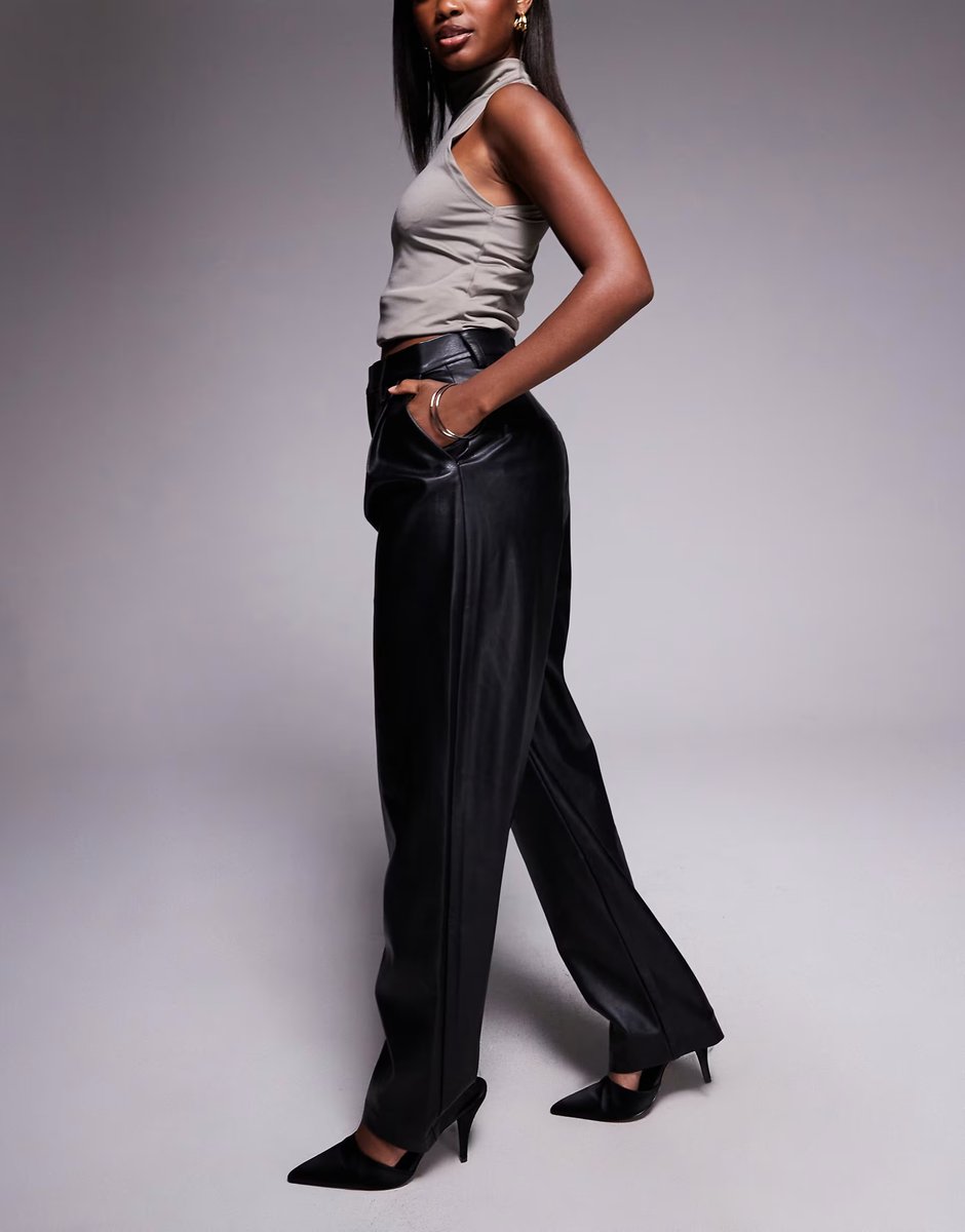 ASOS Bardot leather look high waisted tapered leg trousers in black - 3