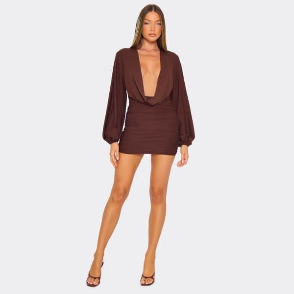 EGO Mid Waist Mini Skirt In Chocolate Brown Slinky, Women's Size UK 6