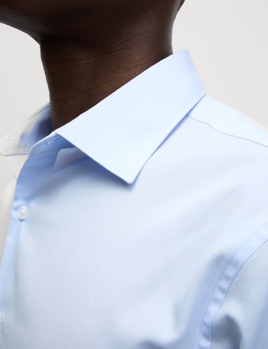 Marks & Spencer M&S Skinny Fit Easy Iron Cotton Blend Shirt in Light Blue