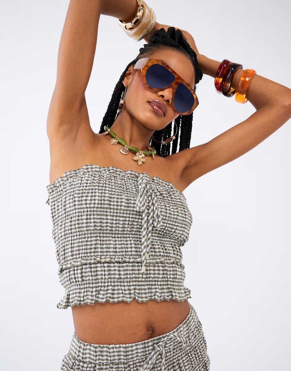 ASOS River Island ruched gingham bandeau top co-ord in green