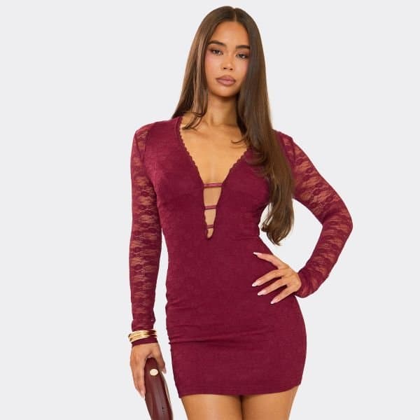 EGO Long Sleeve Plunge Neck Lace Trim Detail Mini Dress In Burgundy Lace, Women's Size UK Medium M