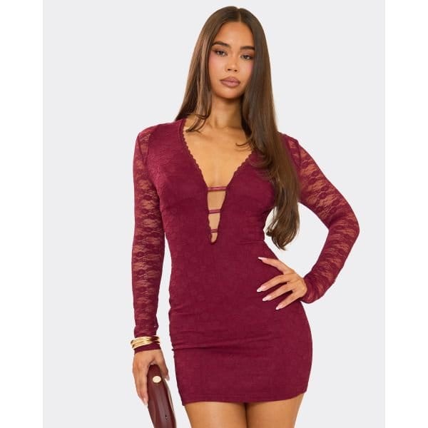 EGO Long Sleeve Plunge Neck Lace Trim Detail Mini Dress In Burgundy Lace, Women's Size UK Medium M - 2