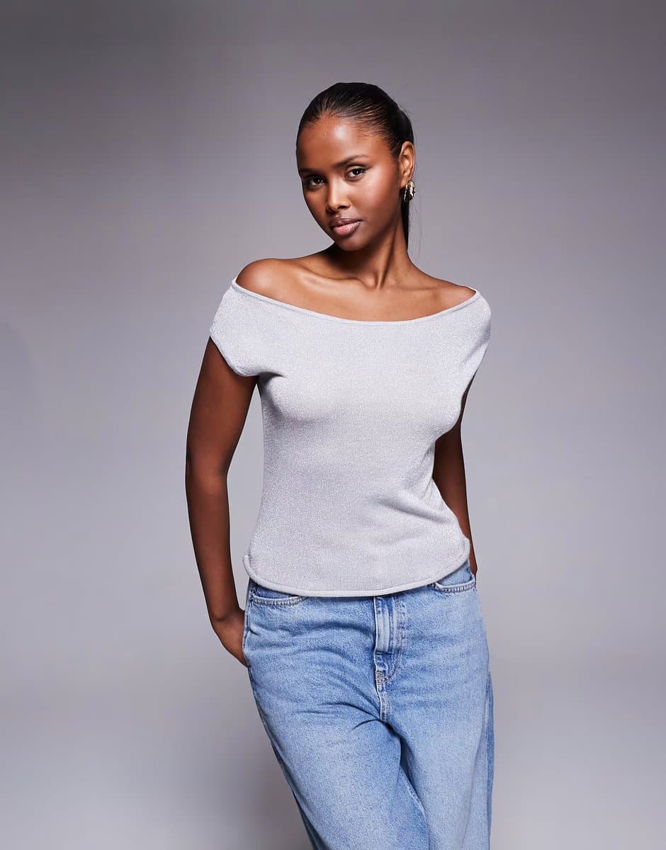 ASOS ASOS Edikted Off-Shoulder Glitter Top in Silver