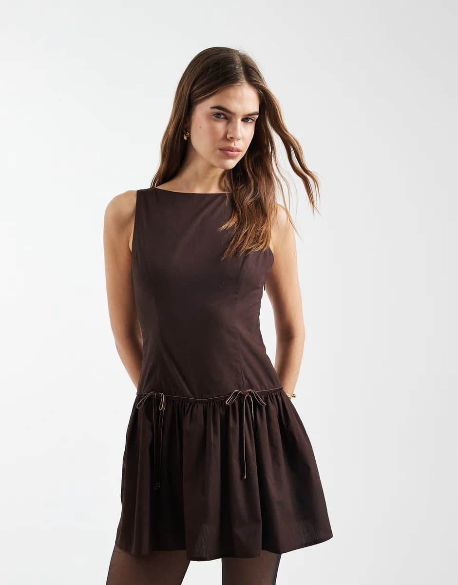ASOS Hollister square neck tie waist mini dress in brown
