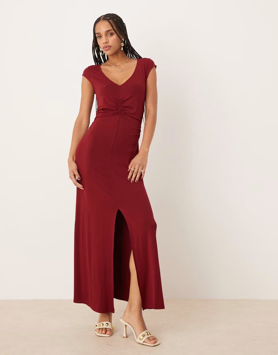 ASOS ASOS DESIGN  cap sleeve waist detail midi tea dress in burgundy