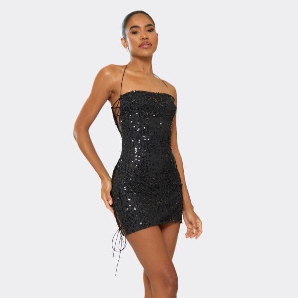 EGO Strappy Halterneck Side Lace Up Detail Mini Dress In Black Sequin, Women's Size UK 10 - 2