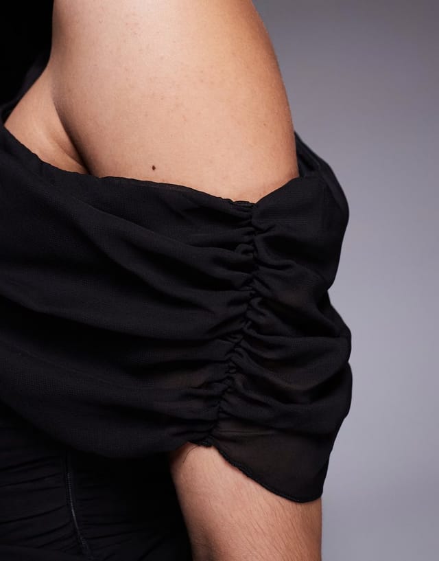 ASOS Fashionkilla exclusive chiffon off shoulder asymmetric hem gathered mini dress in black - 3