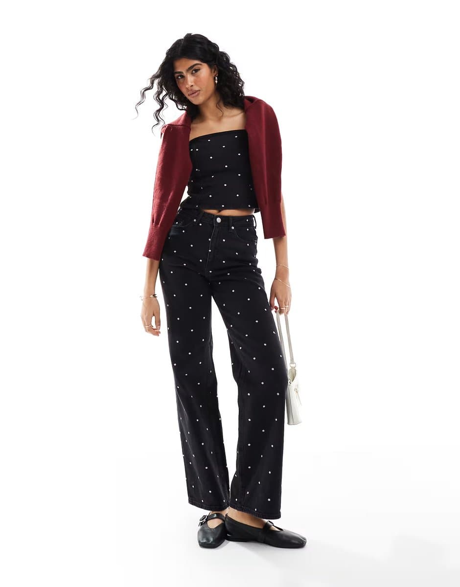 ASOS Vero Moda Tessa wide leg jeans with embroidered spot detail co-ord in black