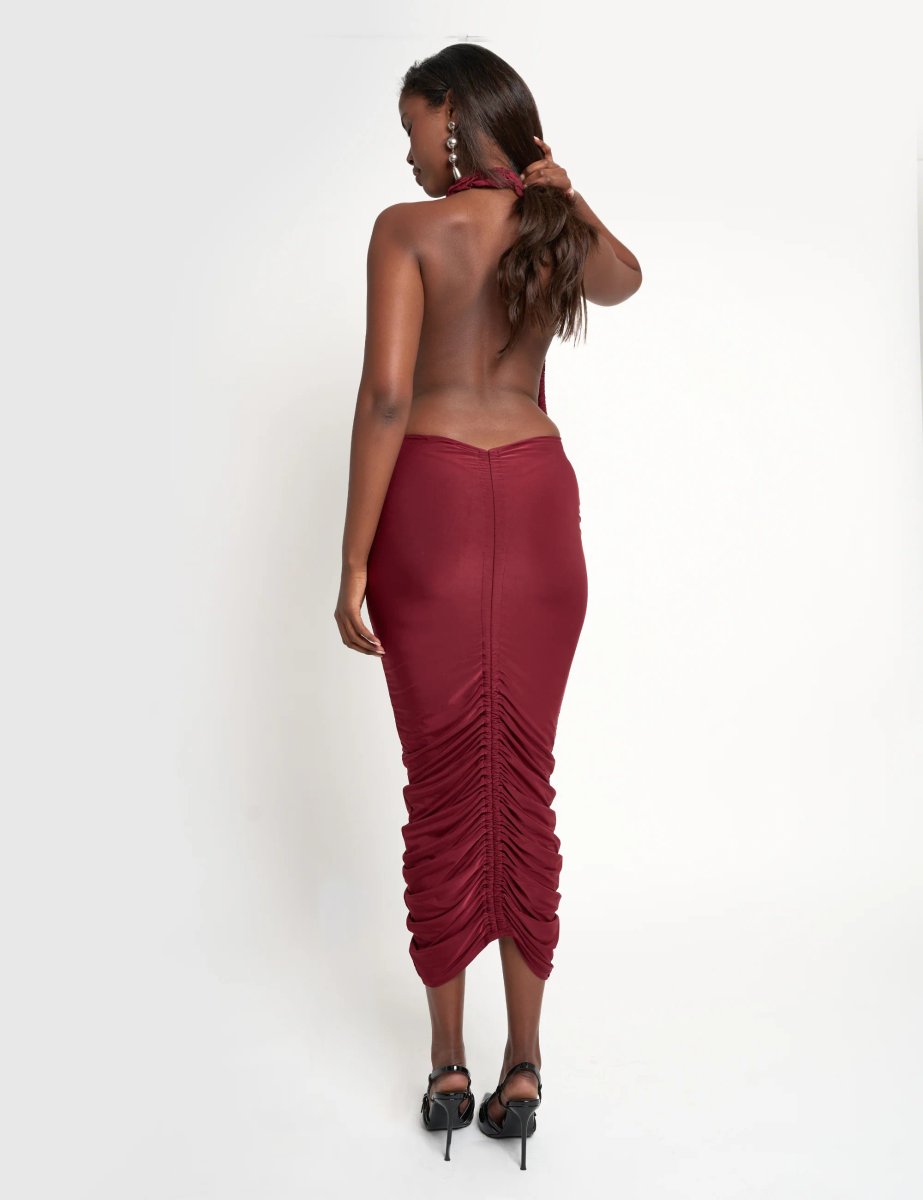Public Desire Ruffle Plunge Maxi Dress Burgundy - 4