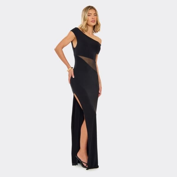EGO Asymmetric Shoulder Mesh Cut Out Detail Maxi Dress In Black Slinky, Women's Size UK 6 - 2