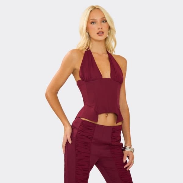 EGO Halterneck Plunge Ruched Detail Corset Top In Burgundy, Women's Size UK 6