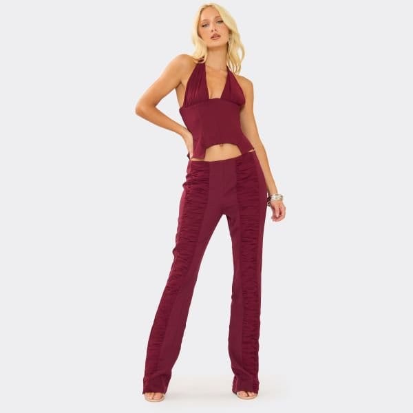 EGO Halterneck Plunge Ruched Detail Corset Top In Burgundy, Women's Size UK 6 - 2