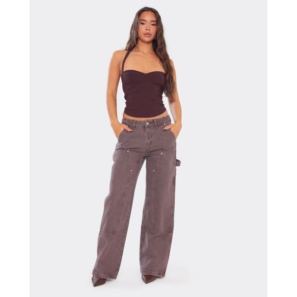 EGO Low Rise Studded Patch Detail Wide Leg Jeans In Brown Denim, Women's Size UK 6 - 2