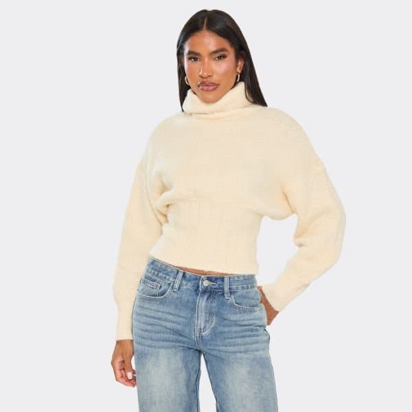 EGO EGO Roll Neck Cinched Waist Jumper in Cream