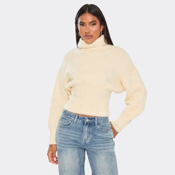 EGO Roll Neck Cinched Waist Jumper In Cream Knit, Women's Size UK Large L - 1
