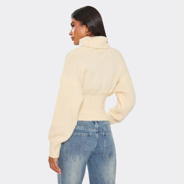 EGO Roll Neck Cinched Waist Jumper In Cream Knit, Women's Size UK Large L - 2