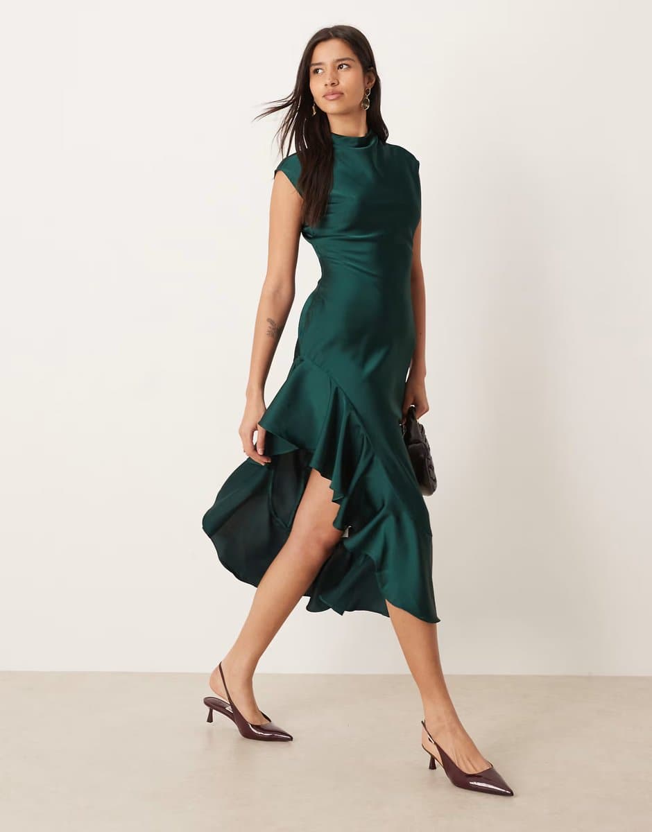 ASOS Ghospell Ana satin high neck ruffle trim thigh split midi dress in emerald green