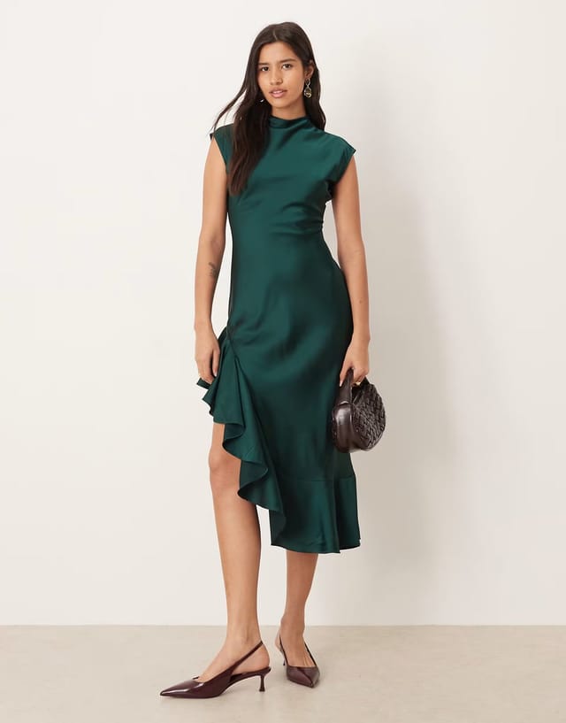 ASOS Ghospell Ana satin high neck ruffle trim thigh split midi dress in emerald green - 3