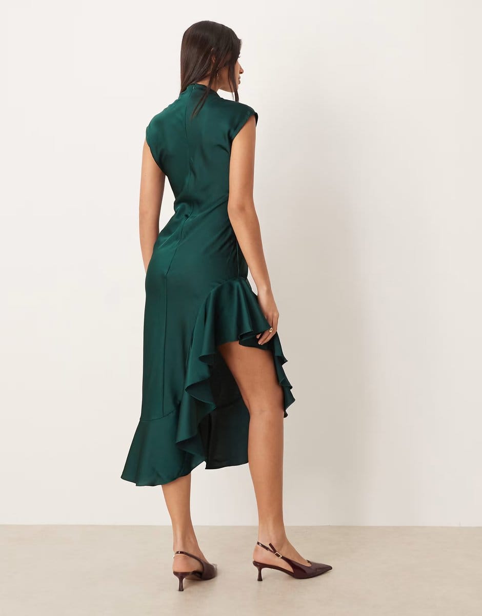 ASOS Ghospell Ana satin high neck ruffle trim thigh split midi dress in emerald green - 4