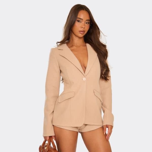 EGO Long Sleeve Plunge Neck Blazer Playsuit In Stone, Women's Size UK 6