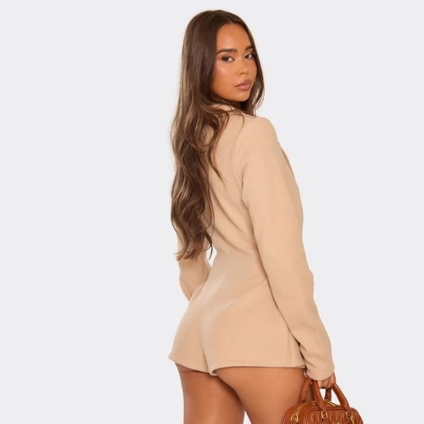 EGO Long Sleeve Plunge Neck Blazer Playsuit In Stone, Women's Size UK 6 - 2