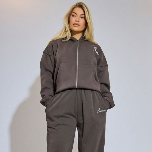 EGO Boxy Oversized Essential Graphic Zip Up Hoodie In Chocolate Brown, Women's Size UK 6