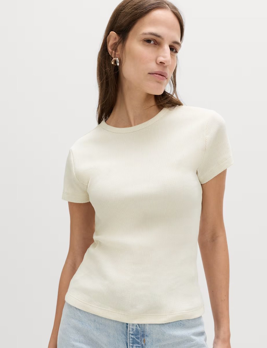 Marks & Spencer M&S Pure Cotton Waffle T-Shirt Ivory - 3
