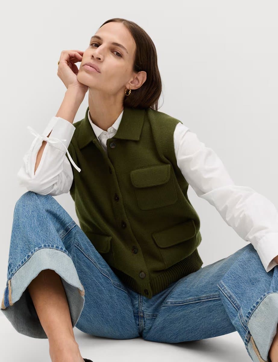 Marks & Spencer M&S Cotton Rich Pocket Knitted Waistcoat Dark Khaki