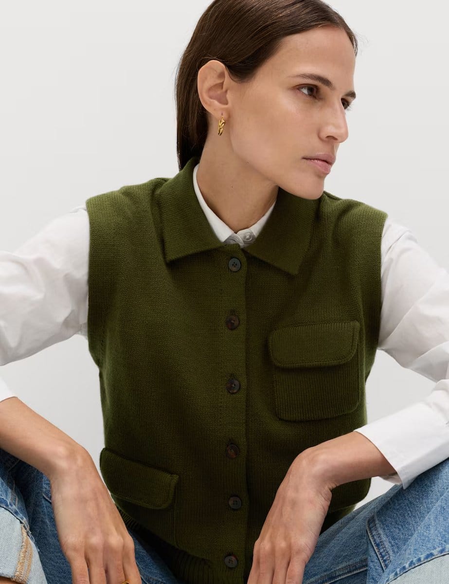 Marks & Spencer M&S Cotton Rich Pocket Knitted Waistcoat Dark Khaki - 4