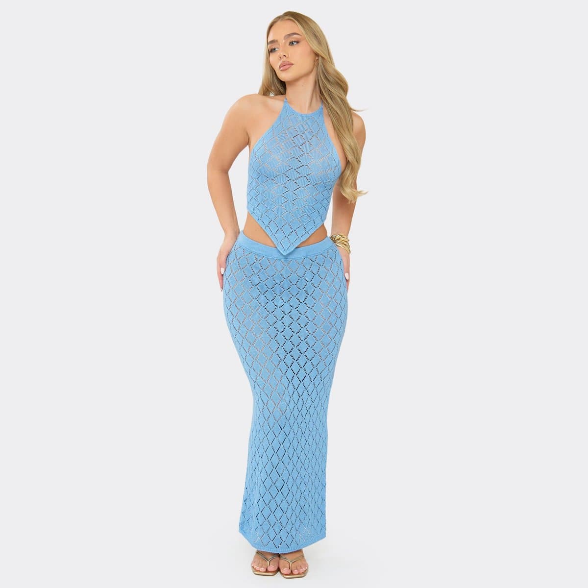 EGO Low Rise Maxi Skirt In Blue Crochet Knit, Women's Size UK L