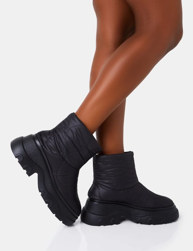 Public Desire Frostbite Black Nylon Quilted Chunky Sole Ankle Boots - 2