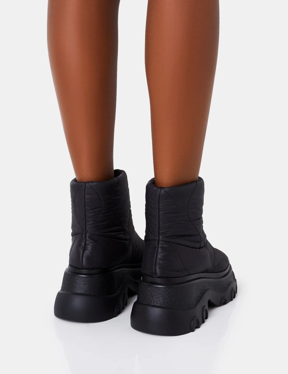 Public Desire Frostbite Black Nylon Quilted Chunky Sole Ankle Boots - 4