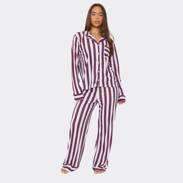EGO Wide Leg Pyjama Trousers In Purple Stripe, Women's Size UK 6