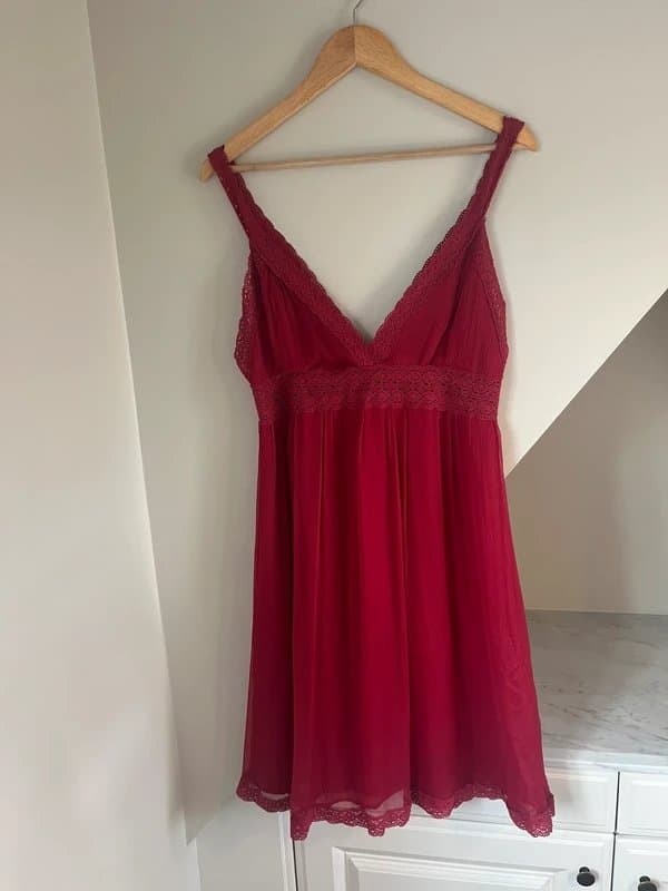 Twenty One Twenty One Vintage y2k Red Silk Cotton Crepe Lace Floaty Cami Zip Back Dress Size Large 12-14