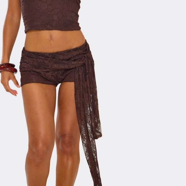 EGO Low Waist Tie Detail Hot Pant Shorts In Brown, Women's Size UK 6 - 2