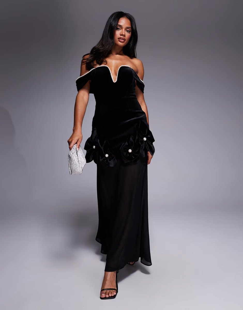ASOS ASOS LUXE velvet off shoulder maxi dress with corsages in black