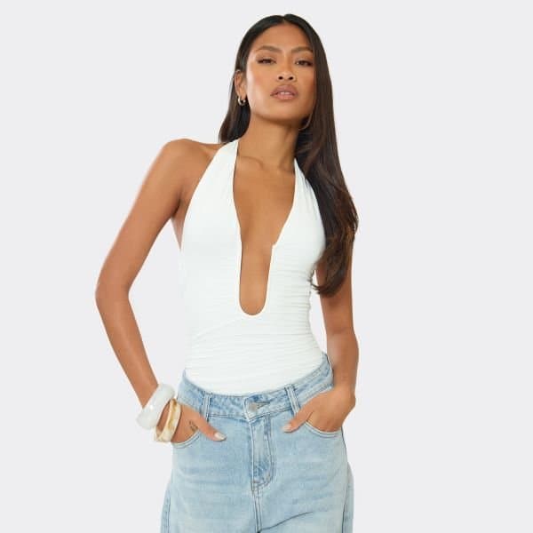 EGO Halterneck Plunge Front Detail Bodysuit In White Slinky, Women's Size UK Large L