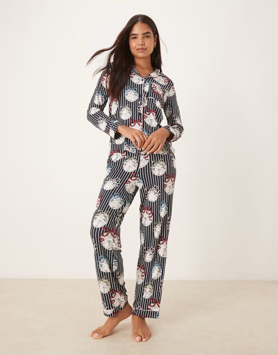 ASOS Chelsea Peers poly long sleeve revere pyjama set in Christmas disco ball print