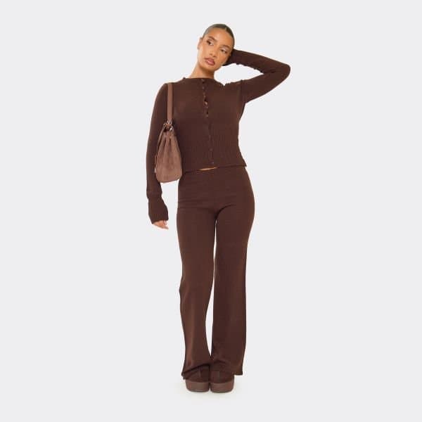 EGO EGO Chocolate Brown Knit Mid Rise Straight Leg Trousers