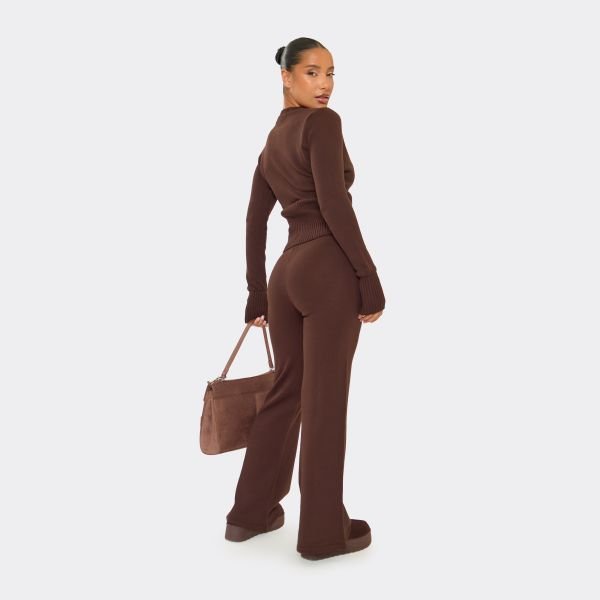 EGO Mid Rise Straight Leg Trousers In Chocolate Brown Knit, Women's Size UK Large L - 2
