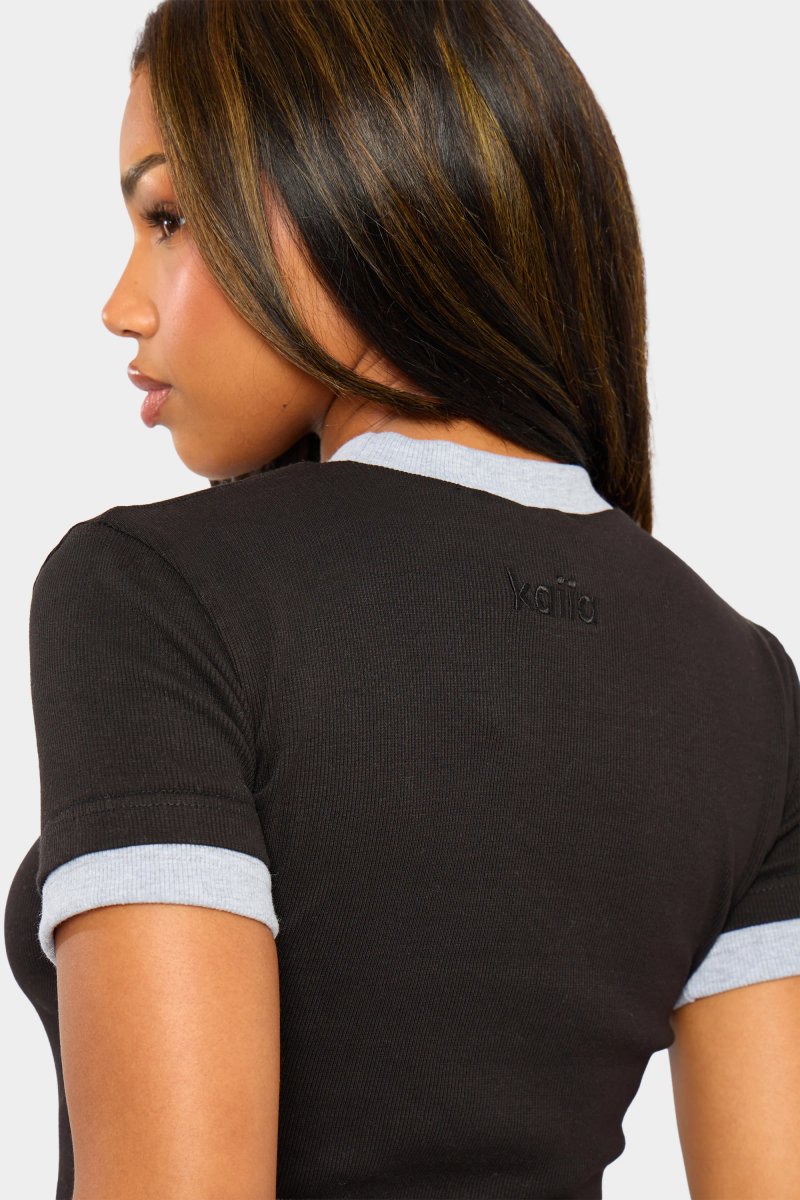 Kaiia Kaiia Ribbed Double Layered Baby Tee Black & Grey Marl - 2