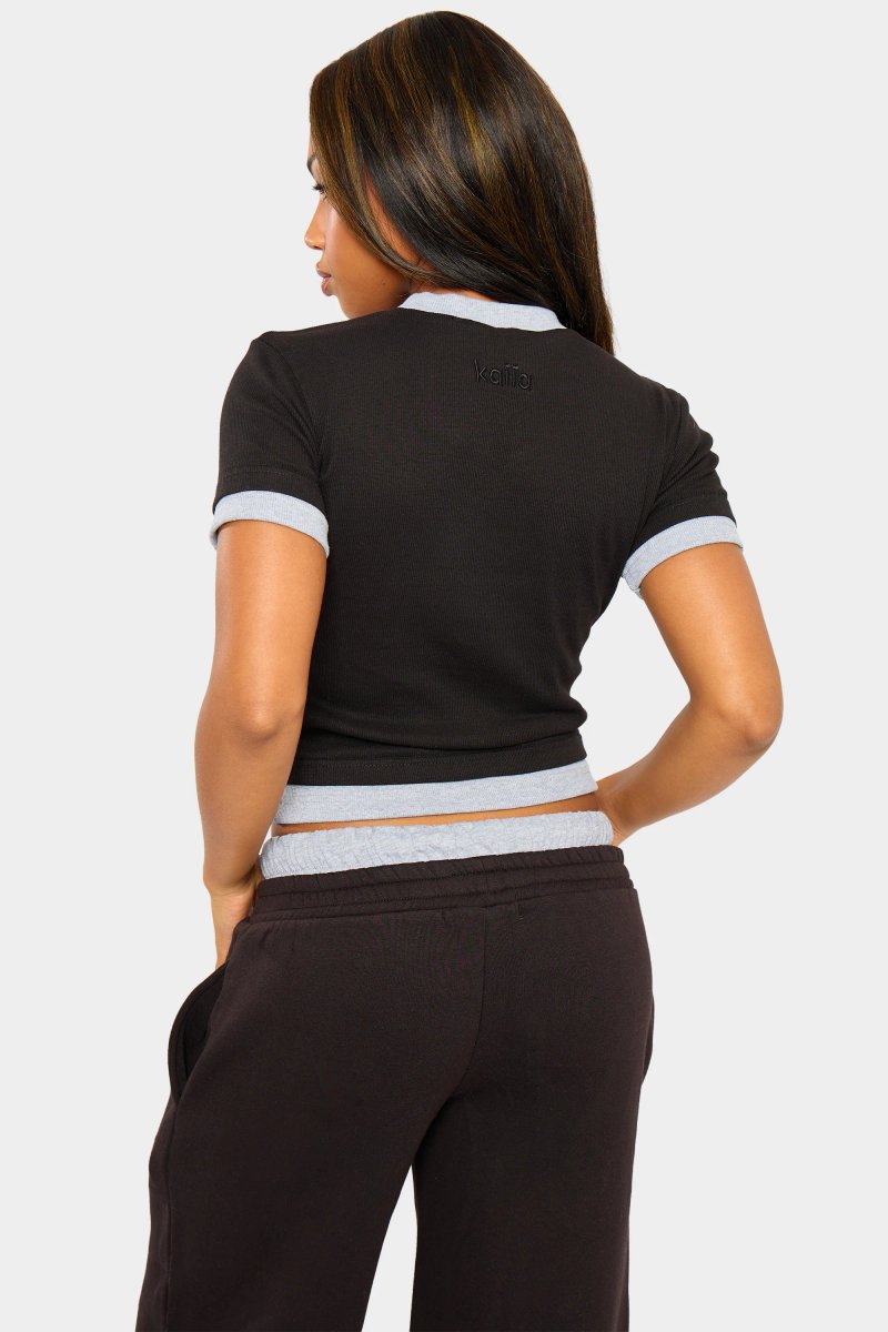 Kaiia Kaiia Ribbed Double Layered Baby Tee Black & Grey Marl - 4