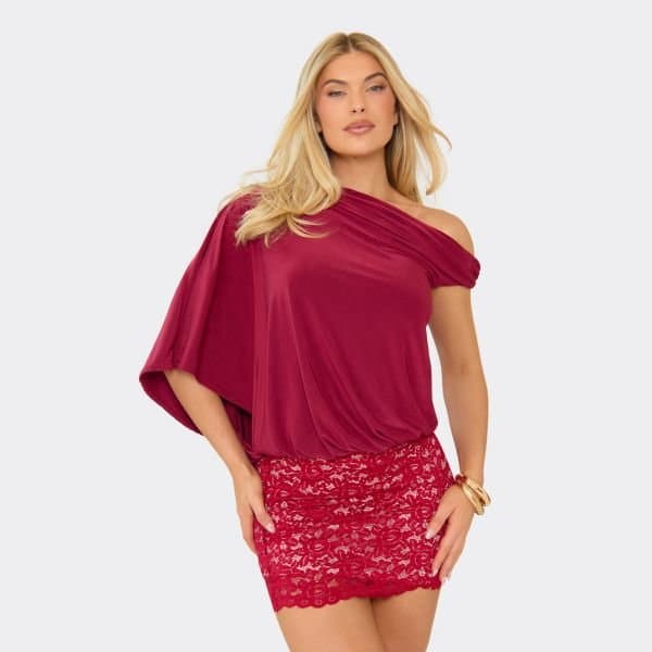 EGO Asymmetric Shoulder Contrast Lace Skirt Detail Mini Dress In Burgundy, Women's Size UK 6