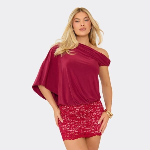 EGO Asymmetric Shoulder Contrast Lace Skirt Detail Mini Dress In Burgundy, Women's Size UK 6 - 1