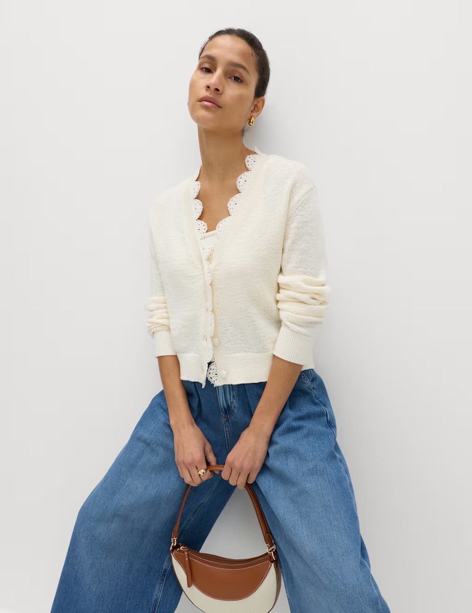 Marks & Spencer M&S Cotton Blend Lace Trim V-Neck Cardigan Vanilla - 2