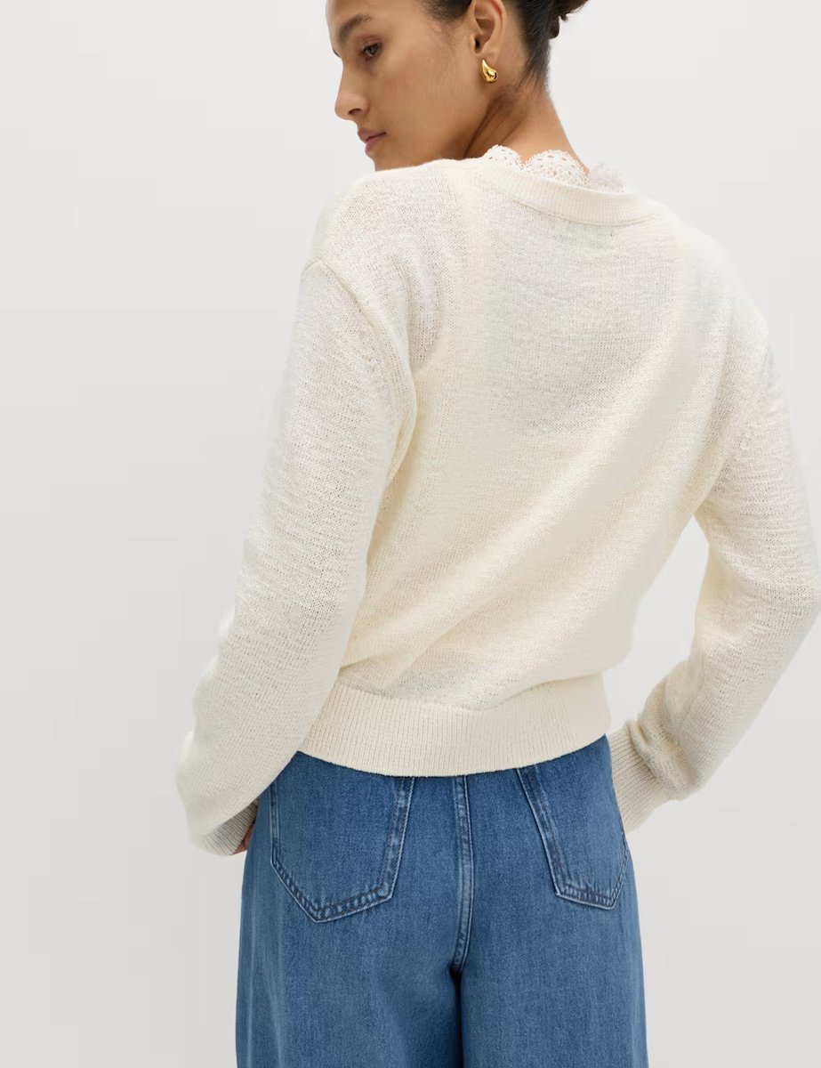 Marks & Spencer M&S Cotton Blend Lace Trim V-Neck Cardigan Vanilla - 3