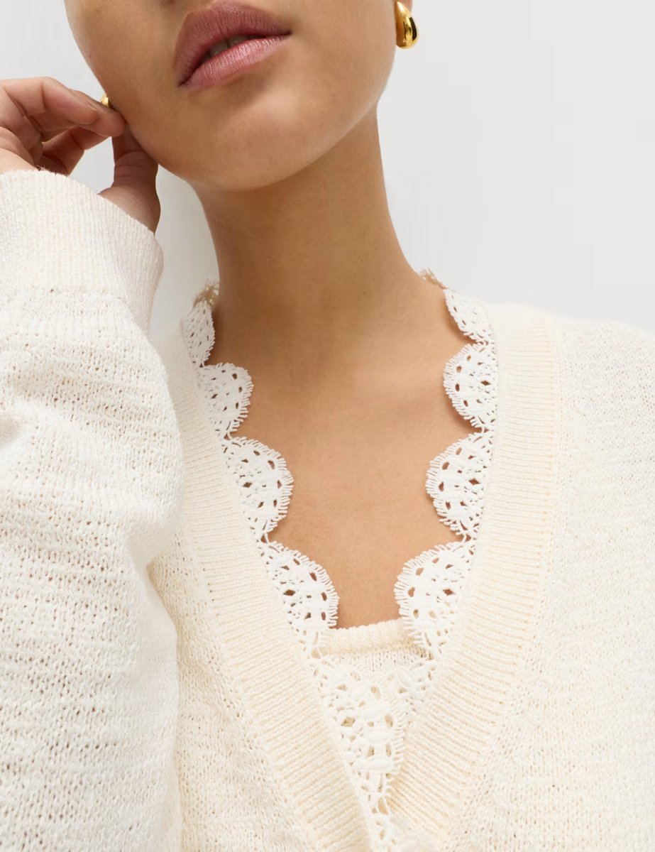 Marks & Spencer M&S Cotton Blend Lace Trim V-Neck Cardigan Vanilla - 4